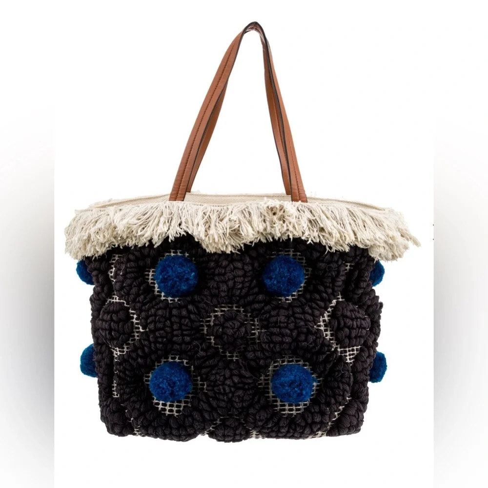 Tory Burch Black & Blue Pom Pom Canvas Tote Bag with Fringe & Leather Handles
